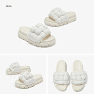 BEAUTODAY Outdoor Slippers Solid Color Round Toe Fabric Thick Heel Casual Comfort Summer Ladies Flat Shoes Handmade 38527