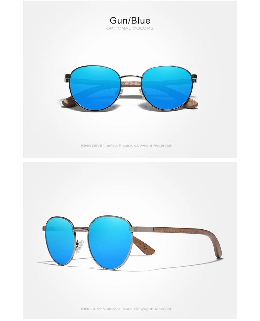 KINGSEVEN 2023 Black Walnut Wooden Sunglasses For Men Polarized UV400 Protection Round Lens Retro Eyewear Women Handmade Glasses