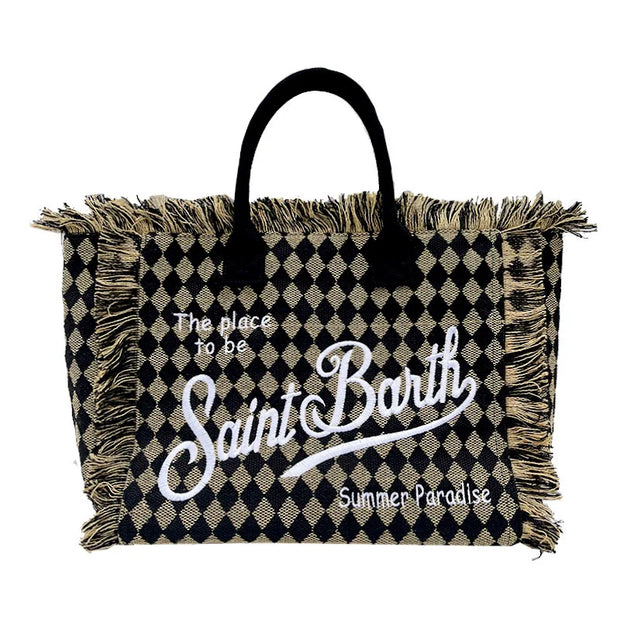 Saint Barth's new women's large capacity leisure travel leopard print canvas handmade tassel handbag