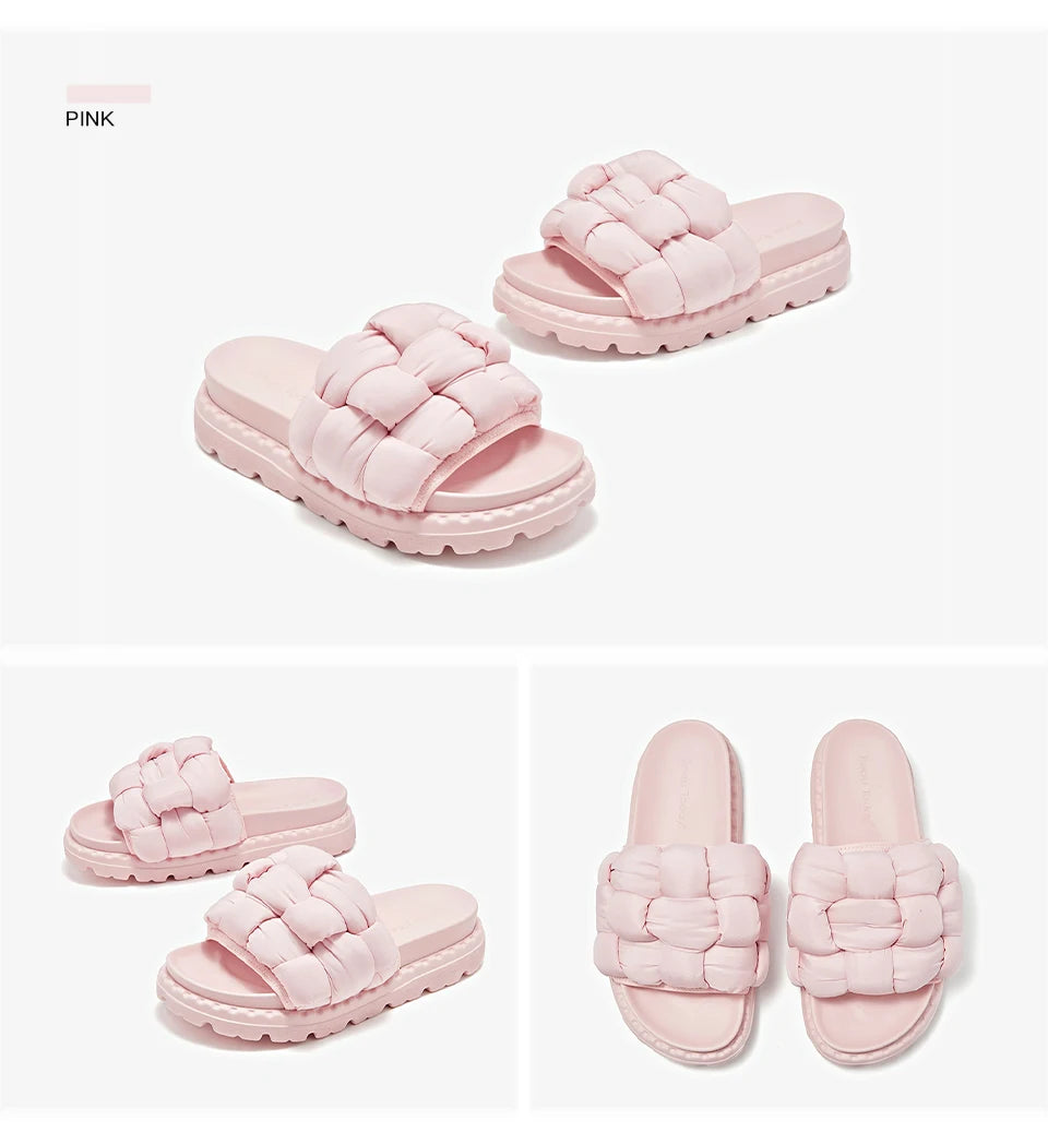 BEAUTODAY Outdoor Slippers Solid Color Round Toe Fabric Thick Heel Casual Comfort Summer Ladies Flat Shoes Handmade 38527