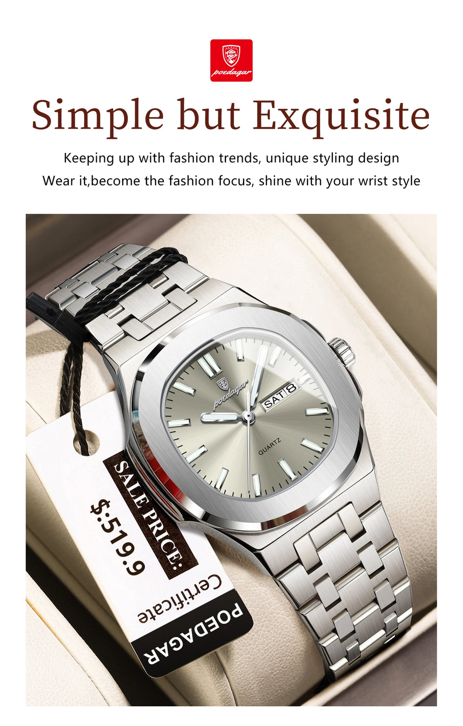 POEDAGAR Top Original Watch For Woman Luminous Date Week Square Ladies Watch Stainless Steel Quartz Women's Watches Female Reloj