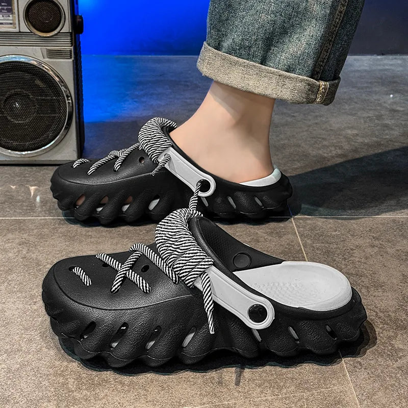 Fashion Men's Outdoor Non-slip Sandals Summer Durable Beach Shoes Thick Bottom Hollow-Out EVA Breathable Slip-On Slippers Couple