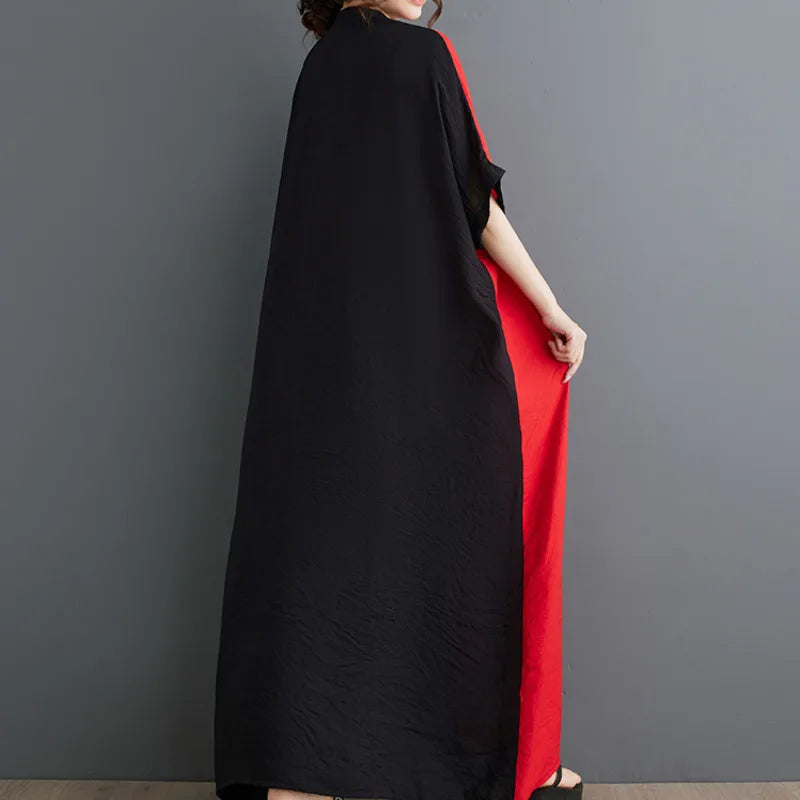 #3935 Black And Red Long Dress V-neck Split Joint Vintage Cotton Linen Dress Batwing Sleeve Thin Pockets A-line Ladies Dresses