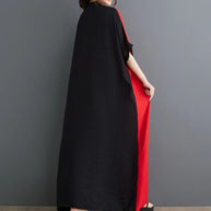 #3935 Black And Red Long Dress V-neck Split Joint Vintage Cotton Linen Dress Batwing Sleeve Thin Pockets A-line Ladies Dresses
