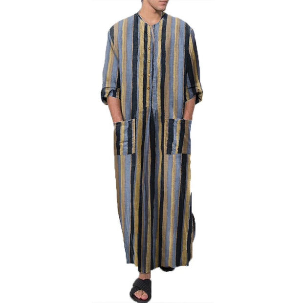 Men's Muslim Long Sleeve Cotton Striped Robes Islamic Arabian Kaftan Suit Middle East Dubai Abaya Retro Spring Clothing 2025 New