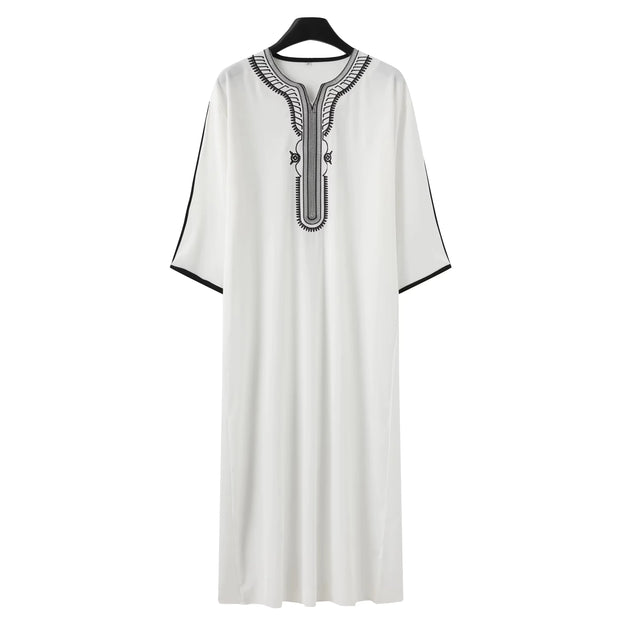 Moroccan style Muslim men's long robe white elegant exquisite embroidery men's long robe casual simple robe