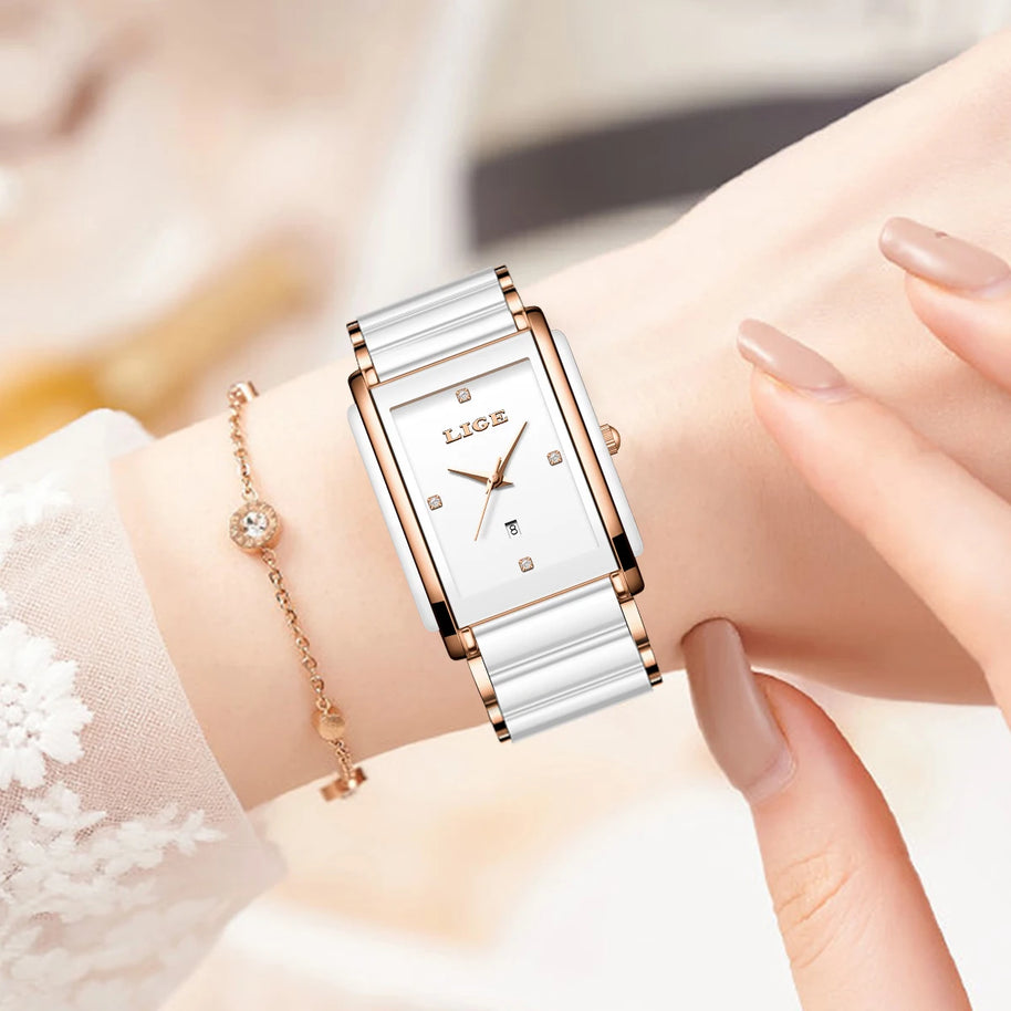 LIGE Fashion Square Quartz Woman Watches Ceramics Elegant Simple Diamond Auto Date Romantic Birthday Gift Leisure Wristwatch New