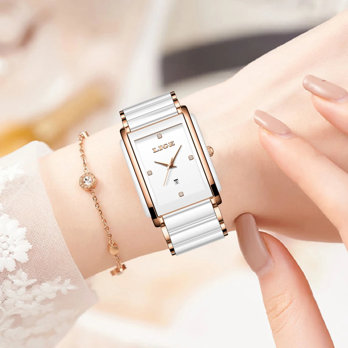 LIGE Fashion Square Quartz Woman Watches Ceramics Elegant Simple Diamond Auto Date Romantic Birthday Gift Leisure Wristwatch New