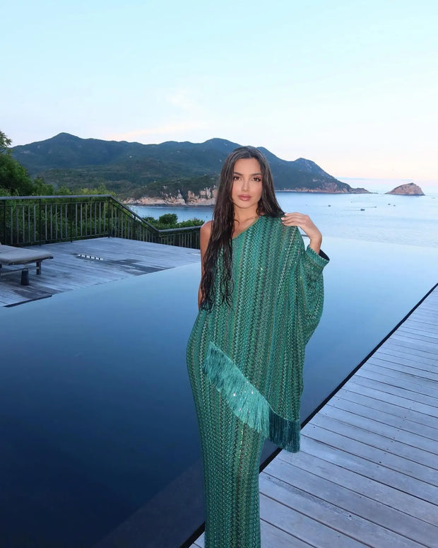 Tassel Knitted Oversize Long Dress Women One-shoulder Sleeve Scarf Long Sleeve Evening Dresses Female 2025 Summer Beach Robes