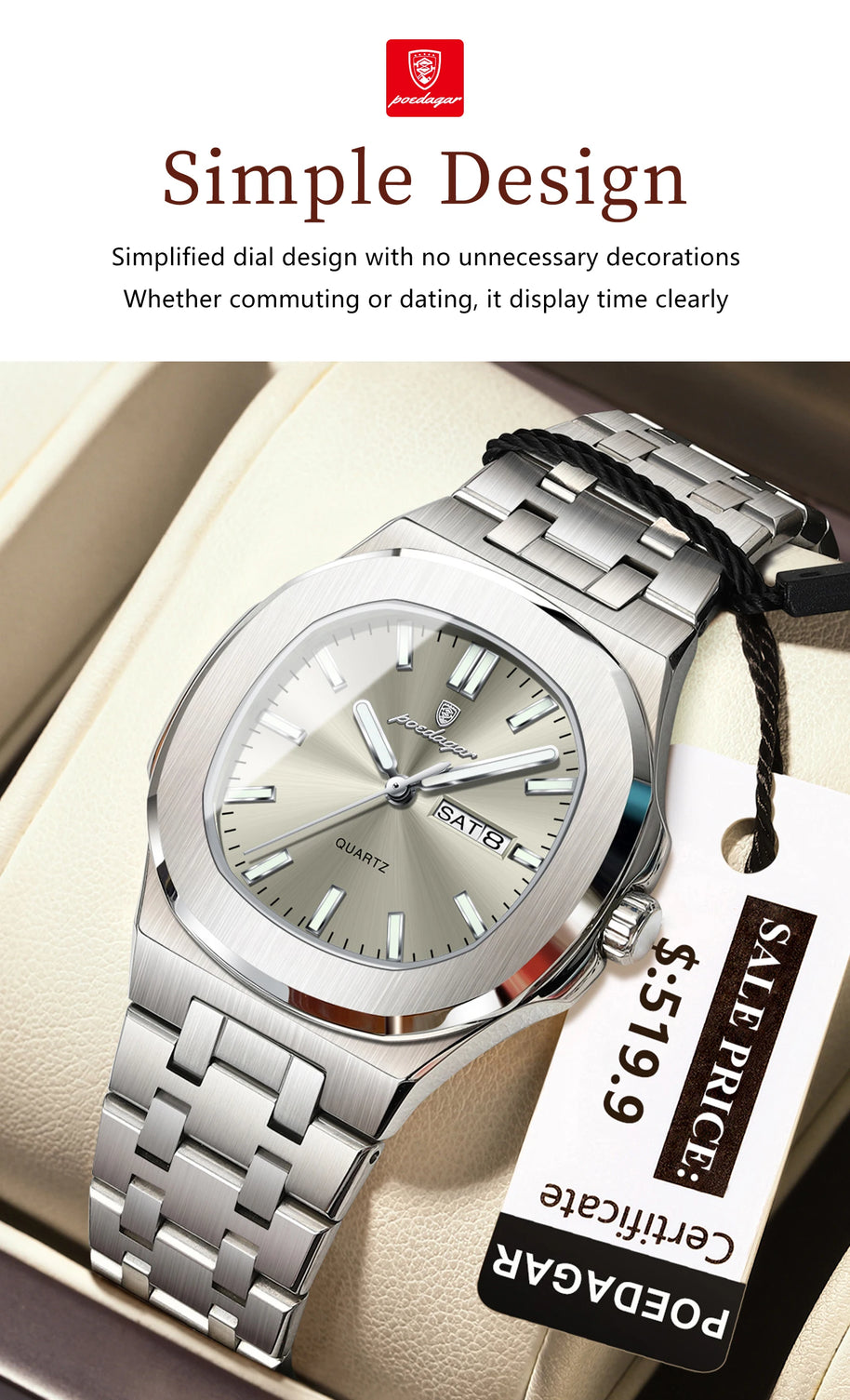 POEDAGAR Top Original Watch For Woman Luminous Date Week Square Ladies Watch Stainless Steel Quartz Women's Watches Female Reloj