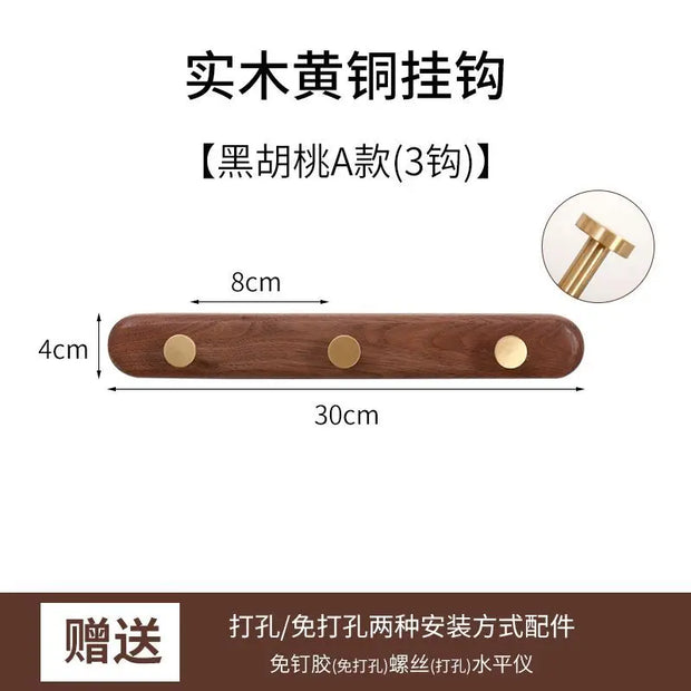 Black Walnut Solid Wood Brass Clothes Hook Entrance Foyer Coat Racks Wall Hanging Scarf Hats Keys Storage Shelf Furniture Decor