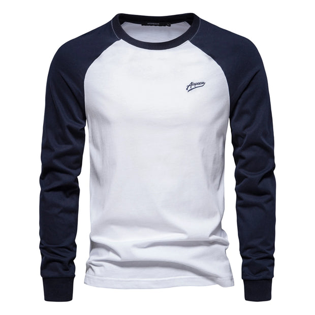 Men's Long Sleeve T-Shirt Fashion Contrast Color Round Neck Business Casual Fall Patchwork Tops Spring Fall Streetwear