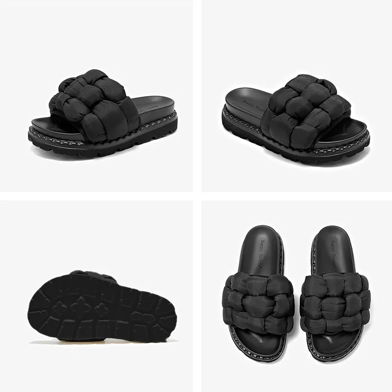 BEAUTODAY Outdoor Slippers Solid Color Round Toe Fabric Thick Heel Casual Comfort Summer Ladies Flat Shoes Handmade 38527
