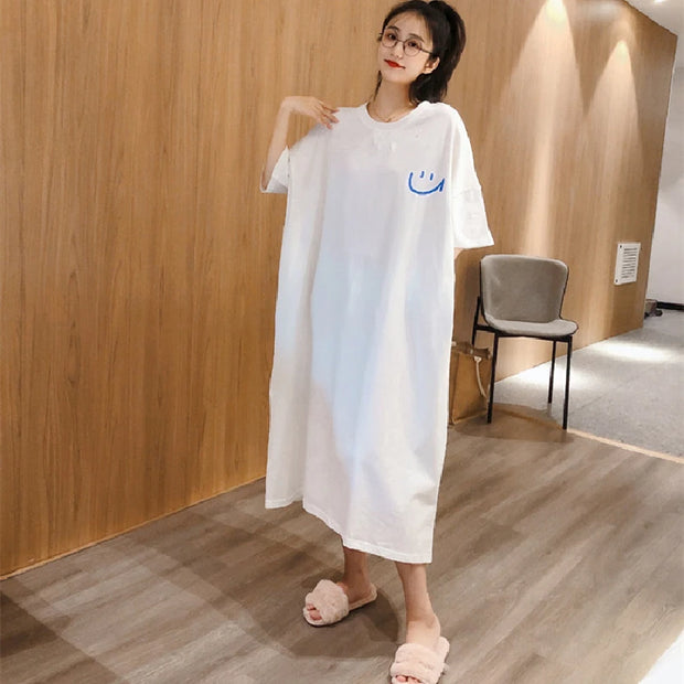 Oversized Smiling Face Printing T Shirt Dress Short Sleeve Loose Pockets Straight Ladies Dresses Ankle-length O-neck Vestidos
