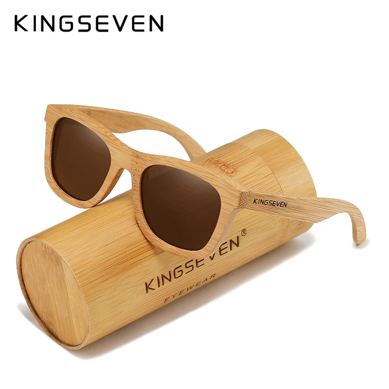 KINGSEVEN Polarized Natural Wooden Sunglasses For Men Women Full Bamboo Frame Retro Handmade Eyewear Square UV400 Lens Glasses