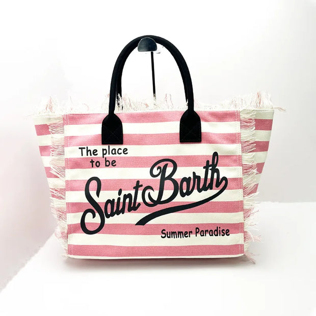 SAINT BARTH European and American new large capacity leisure travel canvas solid color striped handmade tassel handbag tote bag