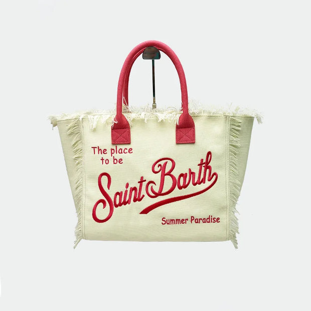 SAINT BARTH European and American new large capacity leisure travel canvas solid color striped handmade tassel handbag tote bag