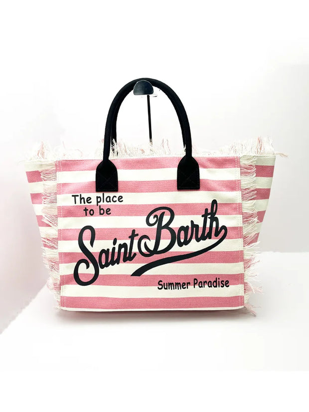Saint Barth New Women's Large Capacity Fashionable Horizontal Striped Deep Blue Tassel Beach Handbag