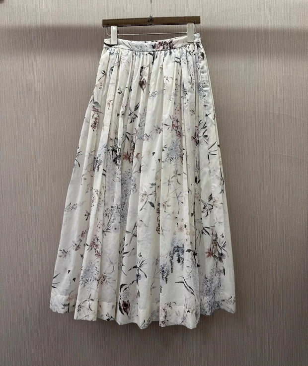 100%Cotton Long Skirts 2025 Summer Fashion Clothes Lady Vintage Ink Paiting Floral Print High Waist Long Maxi Skirt Party Club