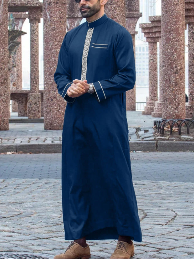 Muslim men's robe long-sleeved ethnic style embroidered stand collar Arabic clothing men's Islamic casual robe