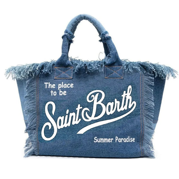 Saint Barth New Women's Large Capacity Casual Beach Canvas Striped Tassel Handheld Tote Bag