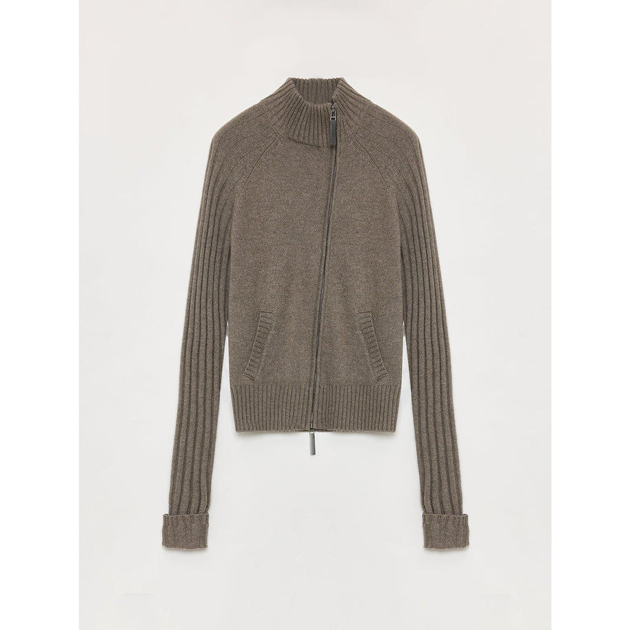 "Senna Melody" oblique placket fine merino wool and cotton blend zipper knitted cardigan top for women-7