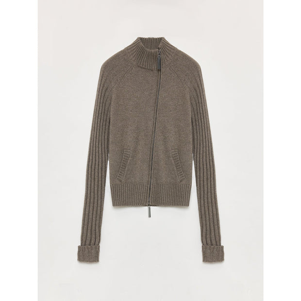"Senna Melody" oblique placket fine merino wool and cotton blend zipper knitted cardigan top for women-7