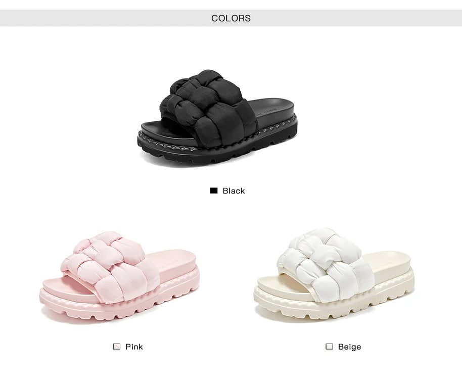 BEAUTODAY Outdoor Slippers Solid Color Round Toe Fabric Thick Heel Casual Comfort Summer Ladies Flat Shoes Handmade 38527
