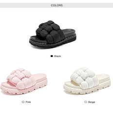 BEAUTODAY Outdoor Slippers Solid Color Round Toe Fabric Thick Heel Casual Comfort Summer Ladies Flat Shoes Handmade 38527