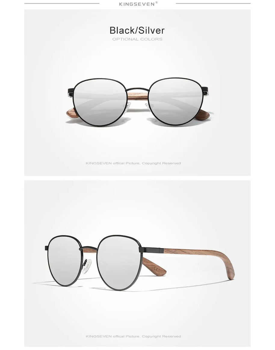 KINGSEVEN 2023 Black Walnut Wooden Sunglasses For Men Polarized UV400 Protection Round Lens Retro Eyewear Women Handmade Glasses