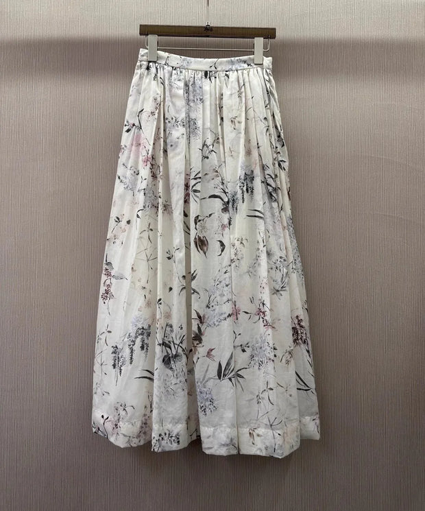 100%Cotton Long Skirts 2025 Summer Fashion Clothes Lady Vintage Ink Paiting Floral Print High Waist Long Maxi Skirt Party Club