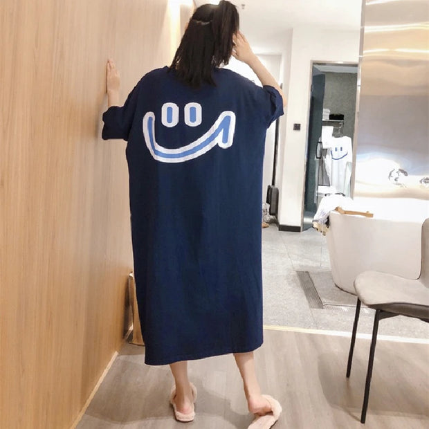 Oversized Smiling Face Printing T Shirt Dress Short Sleeve Loose Pockets Straight Ladies Dresses Ankle-length O-neck Vestidos