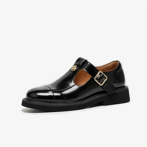 BEAUTODAY Vintage Mary Janes Women Cow Leather Round Toe Metal Flower Buckle Strap Ladies Flat Shoes Handmade 28376