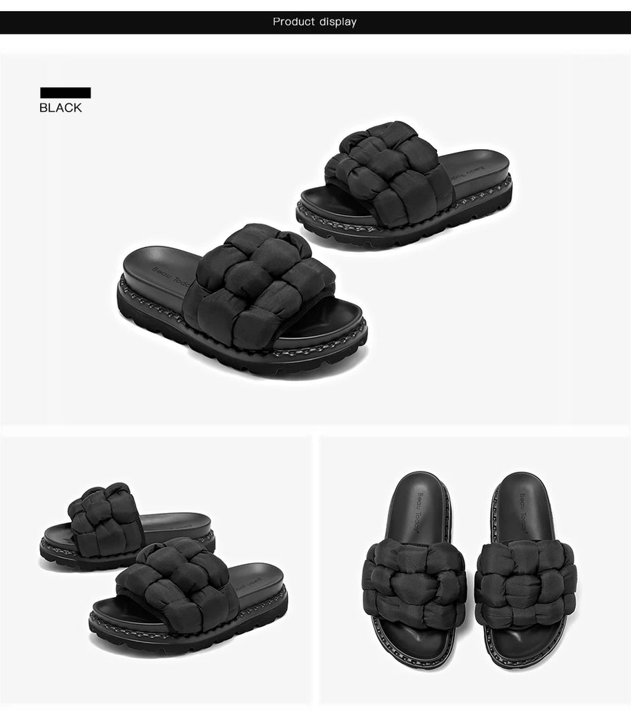 BEAUTODAY Outdoor Slippers Solid Color Round Toe Fabric Thick Heel Casual Comfort Summer Ladies Flat Shoes Handmade 38527