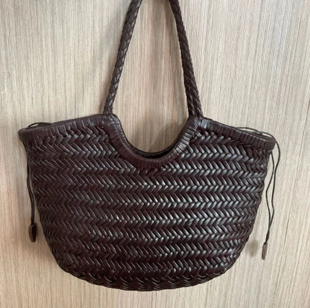100% Natural Cowhide Weave Handbags Hand Designer  Genuine Leather Female Totes Vintage Women's Cowskin Lady Large Shopping Bags