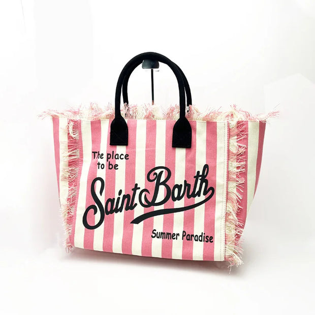 Saint Barth New Women's Large Capacity Fashionable Horizontal Striped Deep Blue Tassel Beach Handbag