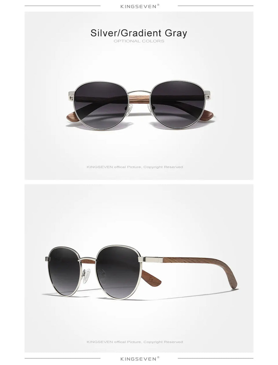 KINGSEVEN 2023 Black Walnut Wooden Sunglasses For Men Polarized UV400 Protection Round Lens Retro Eyewear Women Handmade Glasses