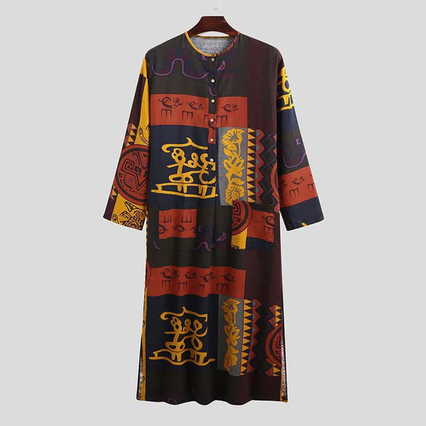 Men's Muslim Long Sleeve Cotton Striped Robes Islamic Arabian Kaftan Suit Middle East Dubai Abaya Retro Spring Clothing 2025 New