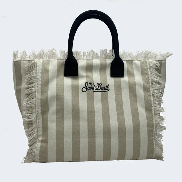 Saint Barth European and American New Women's Large Capacity Casual Beach Canvas Striped Tassel Handheld Tote Bag