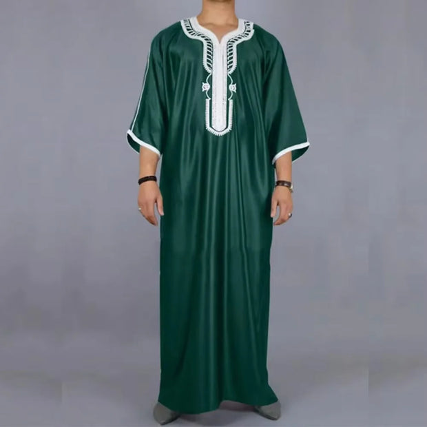 Moroccan style Muslim men's long robe white elegant exquisite embroidery men's long robe casual simple robe