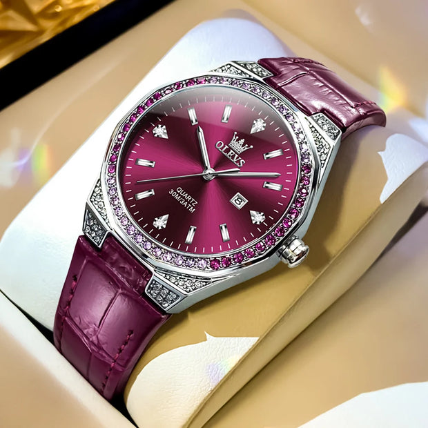 OLEVS Luxury Fashion Women's Quartz Watches Leather Elegant Casual Waterproof Date Lady Wrist Watch Original Watches for Women
