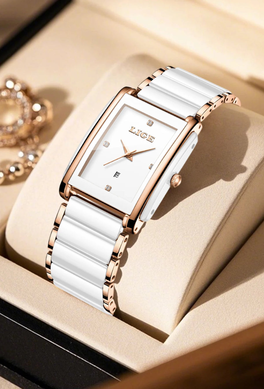 LIGE Fashion Square Quartz Woman Watches Ceramics Elegant Simple Diamond Auto Date Romantic Birthday Gift Leisure Wristwatch New