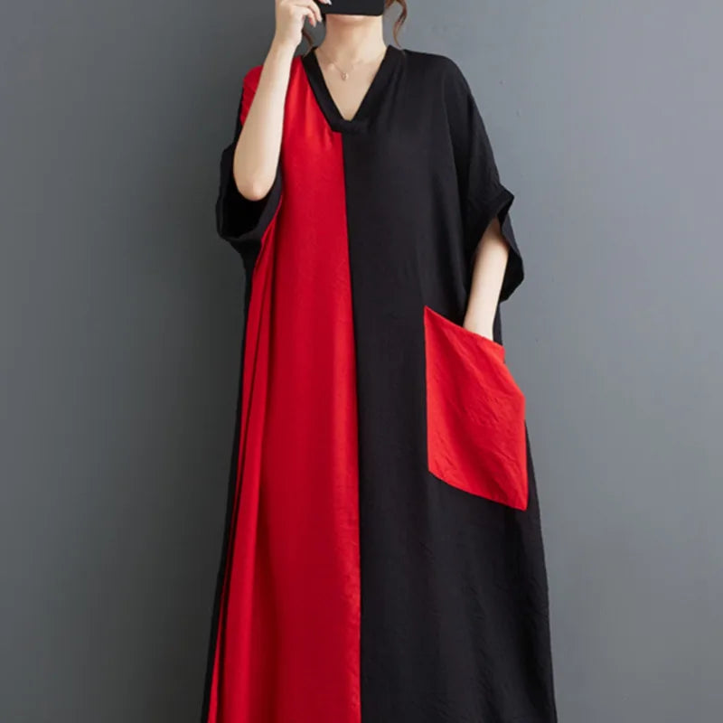 #3935 Black And Red Long Dress V-neck Split Joint Vintage Cotton Linen Dress Batwing Sleeve Thin Pockets A-line Ladies Dresses