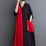 #3935 Black And Red Long Dress V-neck Split Joint Vintage Cotton Linen Dress Batwing Sleeve Thin Pockets A-line Ladies Dresses