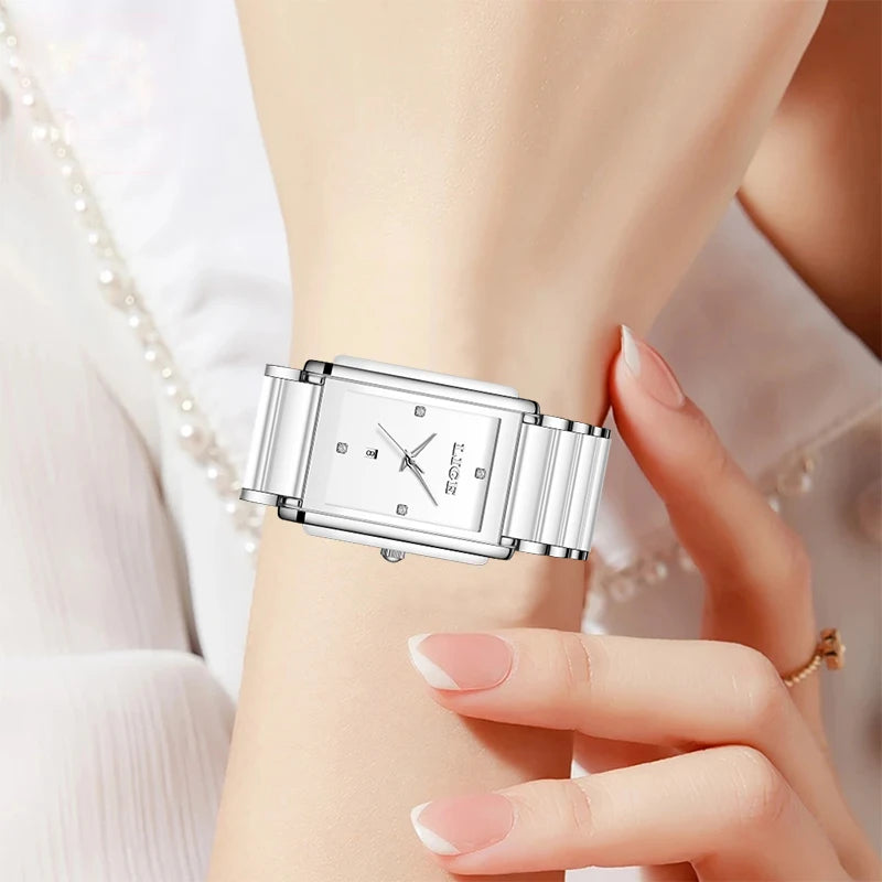 LIGE Fashion Square Quartz Woman Watches Ceramics Elegant Simple Diamond Auto Date Romantic Birthday Gift Leisure Wristwatch New