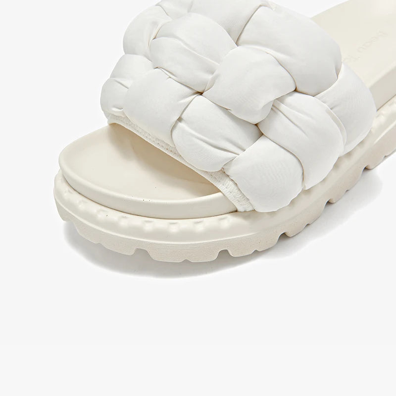 BEAUTODAY Outdoor Slippers Solid Color Round Toe Fabric Thick Heel Casual Comfort Summer Ladies Flat Shoes Handmade 38527