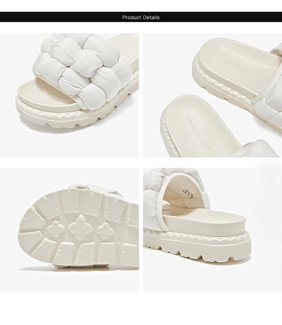 BEAUTODAY Outdoor Slippers Solid Color Round Toe Fabric Thick Heel Casual Comfort Summer Ladies Flat Shoes Handmade 38527