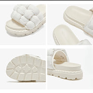 BEAUTODAY Outdoor Slippers Solid Color Round Toe Fabric Thick Heel Casual Comfort Summer Ladies Flat Shoes Handmade 38527