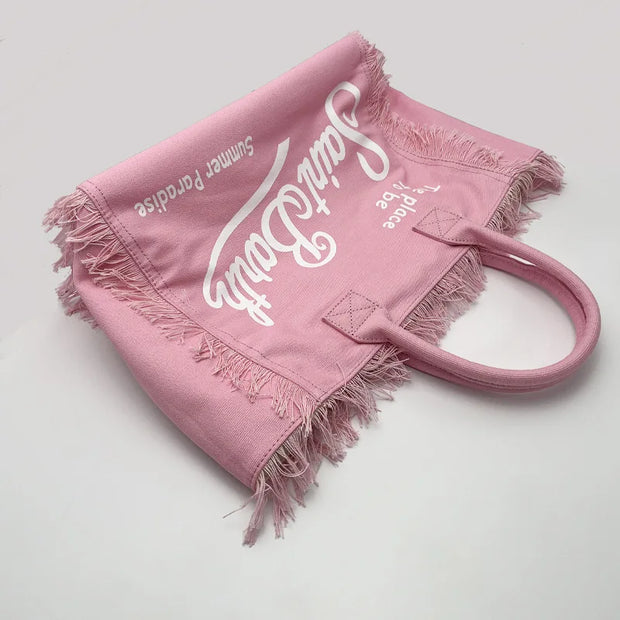 Saint Barth 2025 New Women's Large Capacity Casual Beach Canvas Striped Tassel Handheld Tote Bag