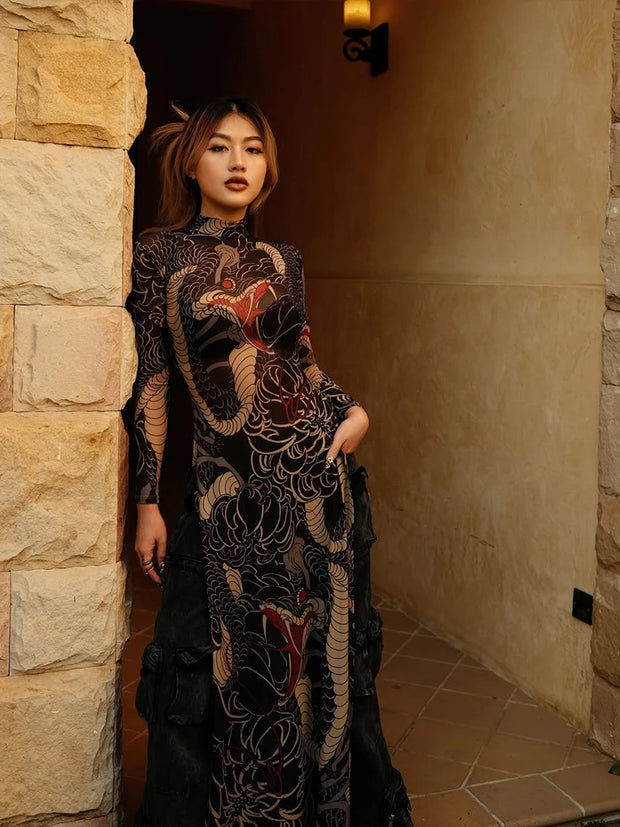 Weird Puss See Through Long T-Shirts Women Snake Print Turtleneck Long Sleeve High Split Elastic Sexy Coquette Skinny Club Tops